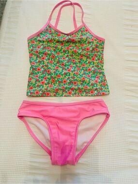 Cat & Jack Green Floral Tankini with Pink Trim and Bottoms. S (6/7)